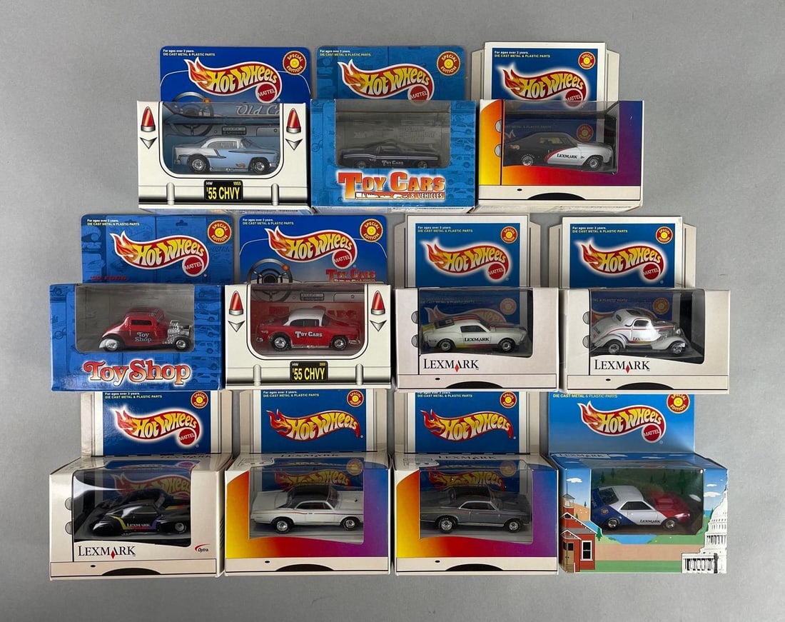 Group of 11 Mattel Hot Wheels Die-Cast Vehicles: Includes Lexmark cars, 55 Chevy, toy cars, and more. Original packaging