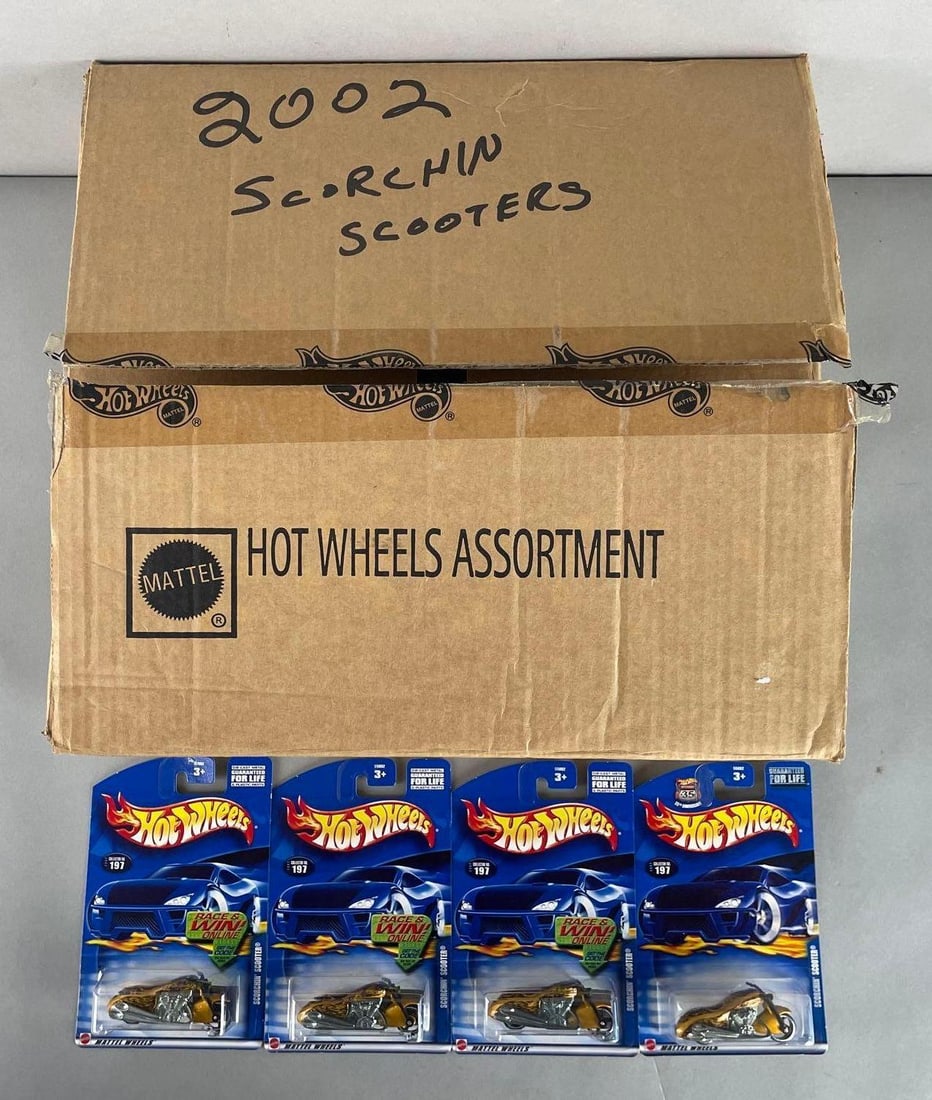 Shipping Box of 55+ Mattel Hot Wheels Scorchin Scooter Die-Cast Motorcycles: 1/64 scale. Box measures 5 x 15 1/2 x 14 1/2 inches