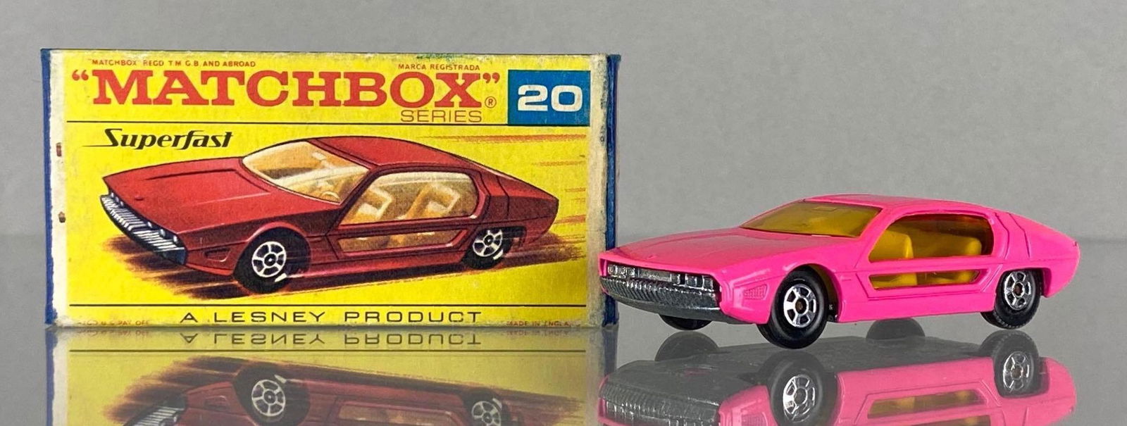Matchbox Superfast No. 20 Lamborghini Marzal: With box, Lesney, Made in England, Color: Hot Pink, Yellow Windows, Black Plastic Wheels, Silver Base, Die-Cast.