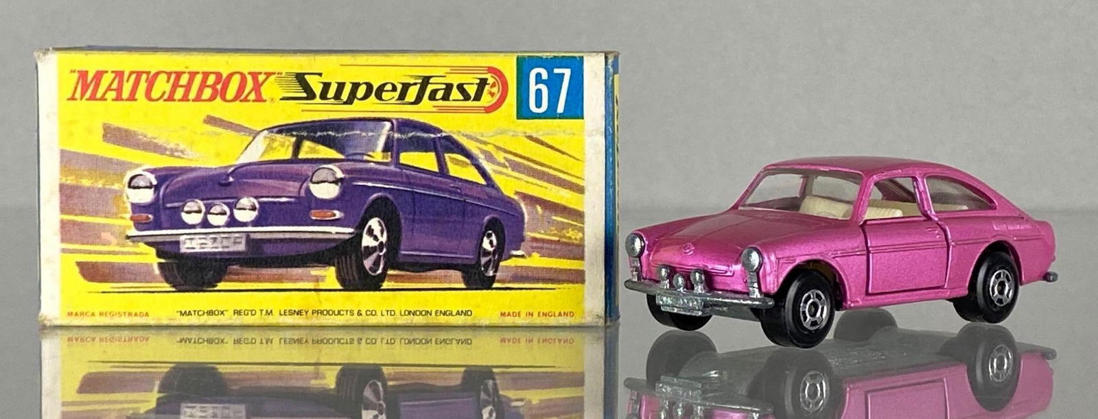 Matchbox Superfast No. 67 Volkswagen 1600TL: With box, A Lesney Product, Made in England, Color: Metallic Pink, Clear Windows, Black Plastic Wheels, Silver base, Die-Cast.
