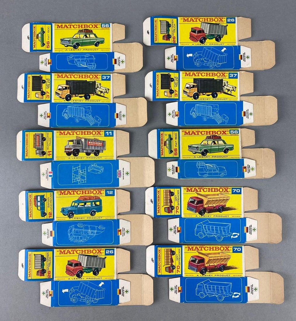 Group of 10 Matchbox F Type Boxes: Includes No: 11 Scaffolding Truck, No. 37 Cattle Truck, No. 26 G.M.C. Tipper Truck, and more.