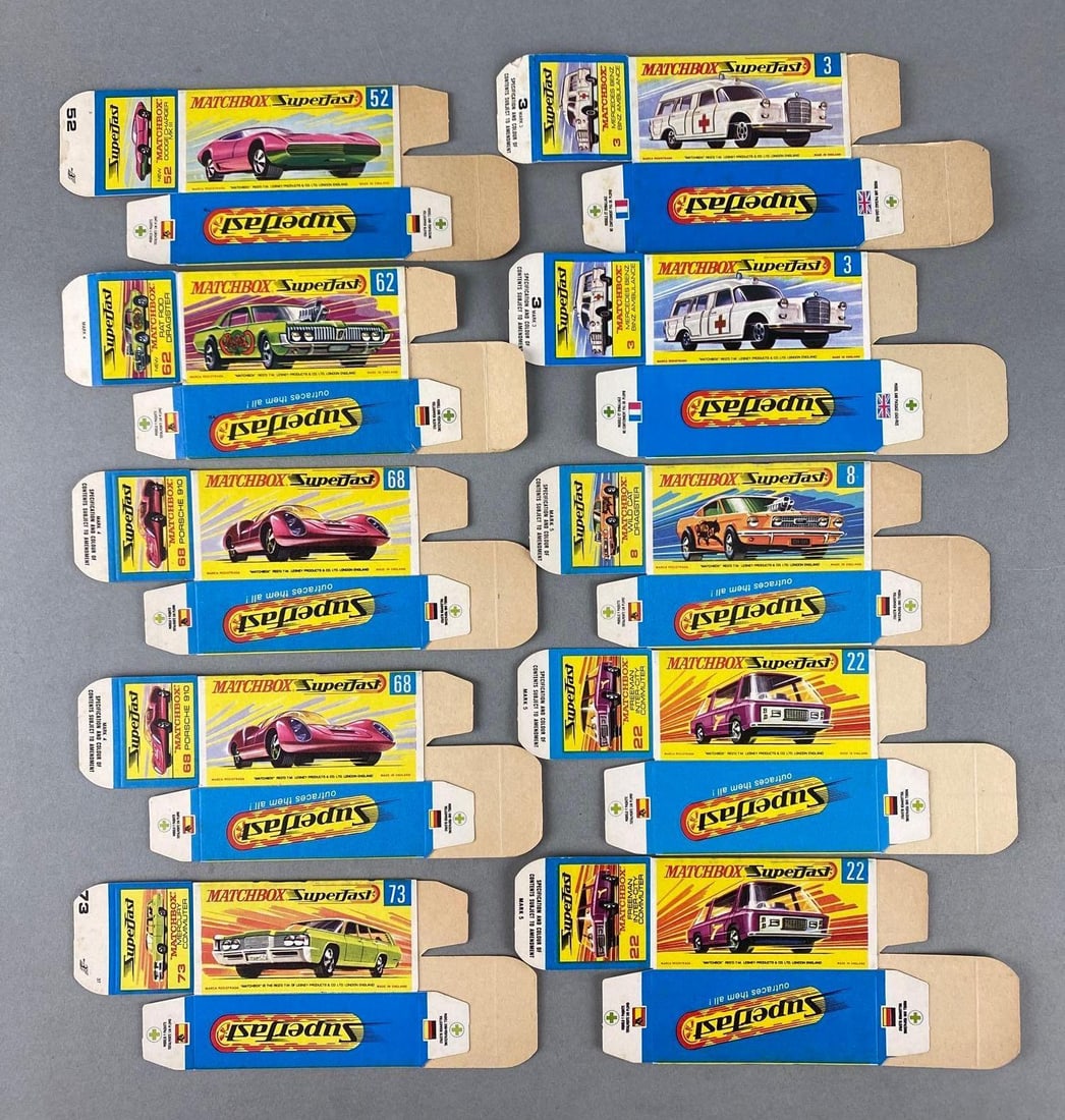 Group of 10 Matchbox G Type Boxes: Includes No. 52 Dodge Charger MK III, No. 62 Rat Rod Dragster, No. 3 Mercedes Benz Binz Ambulance, and more.
