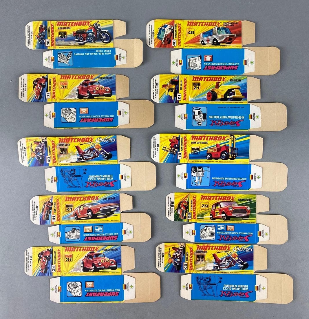 Group of 10 Matchbox I Type Boxes: Includes No. 18 Hondarora, No. 31 Volks-Dragon, No. 41 Siva Spyder, and more.