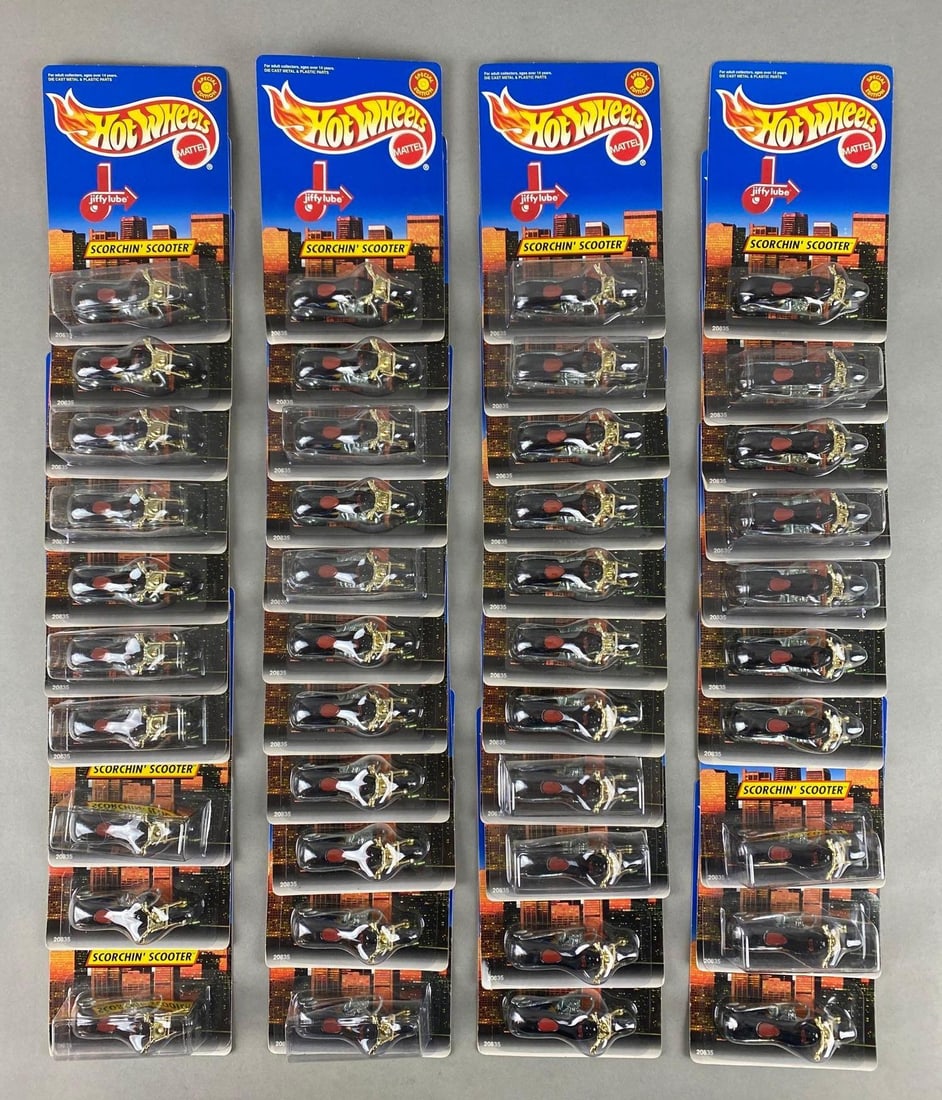 Group of 40+ Hot Wheels No. 20835 Scorchin Scooter Die-Cast Vehicles: Mattel, In original packaging, Packaging measures 6 1/2 x 4 1/4 x 1 1/4 inches.