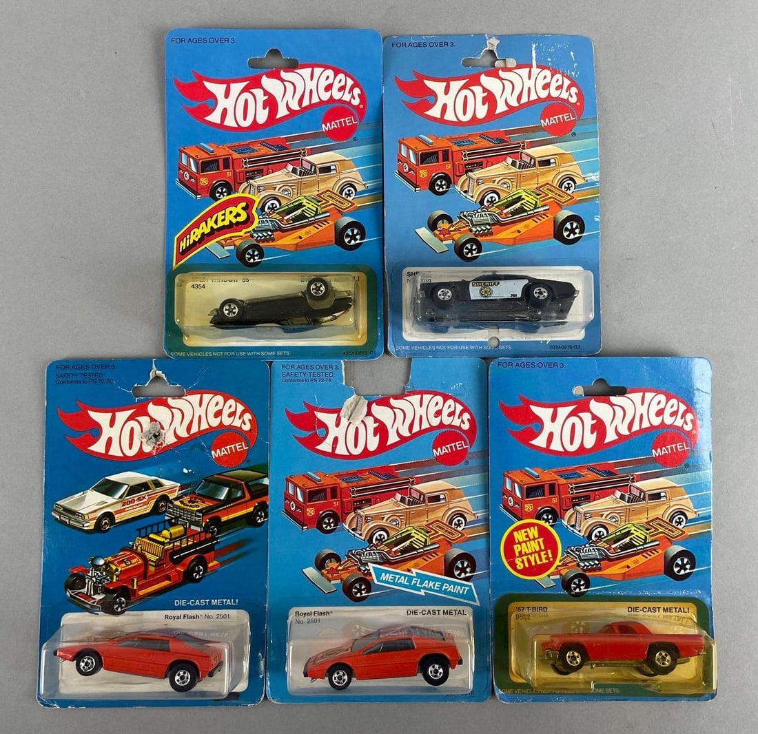 Group of 5 Mattel Hot Wheels Die-Cast Vehicles: Includes royal flash, 57 t bird, sheriff patrol, and split window 63. Original packaging, 1/64 scale