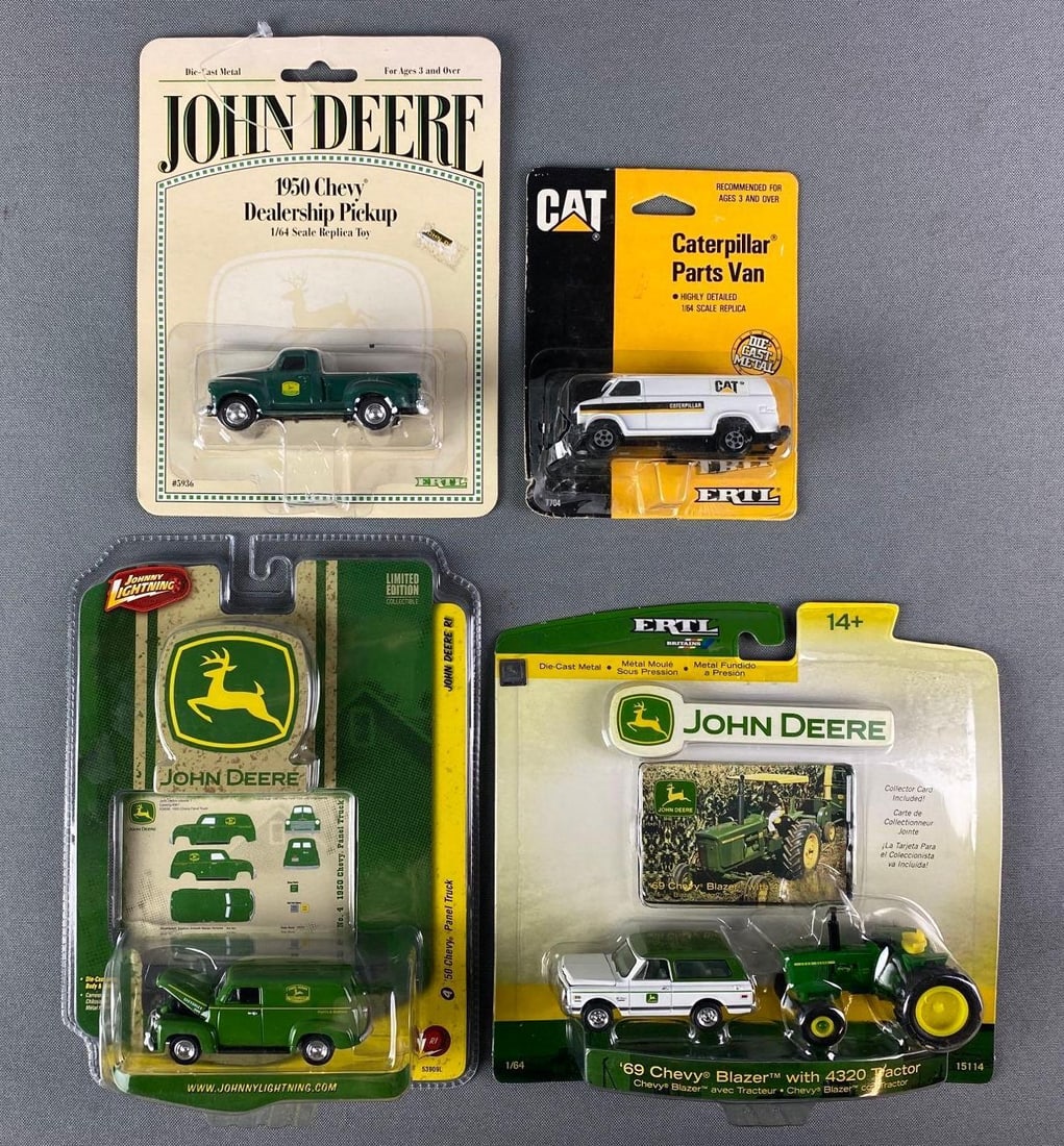 Group of 4 Assorted Die-Cast Vehicles: Includes Johnny Lightning John Deere 1950 Chevy Panel Truck, John Deere 1969 Chevy Blazer with 4320 Tractor, 1950 Chevy Dealership Pickup, and more. All new in original packaging