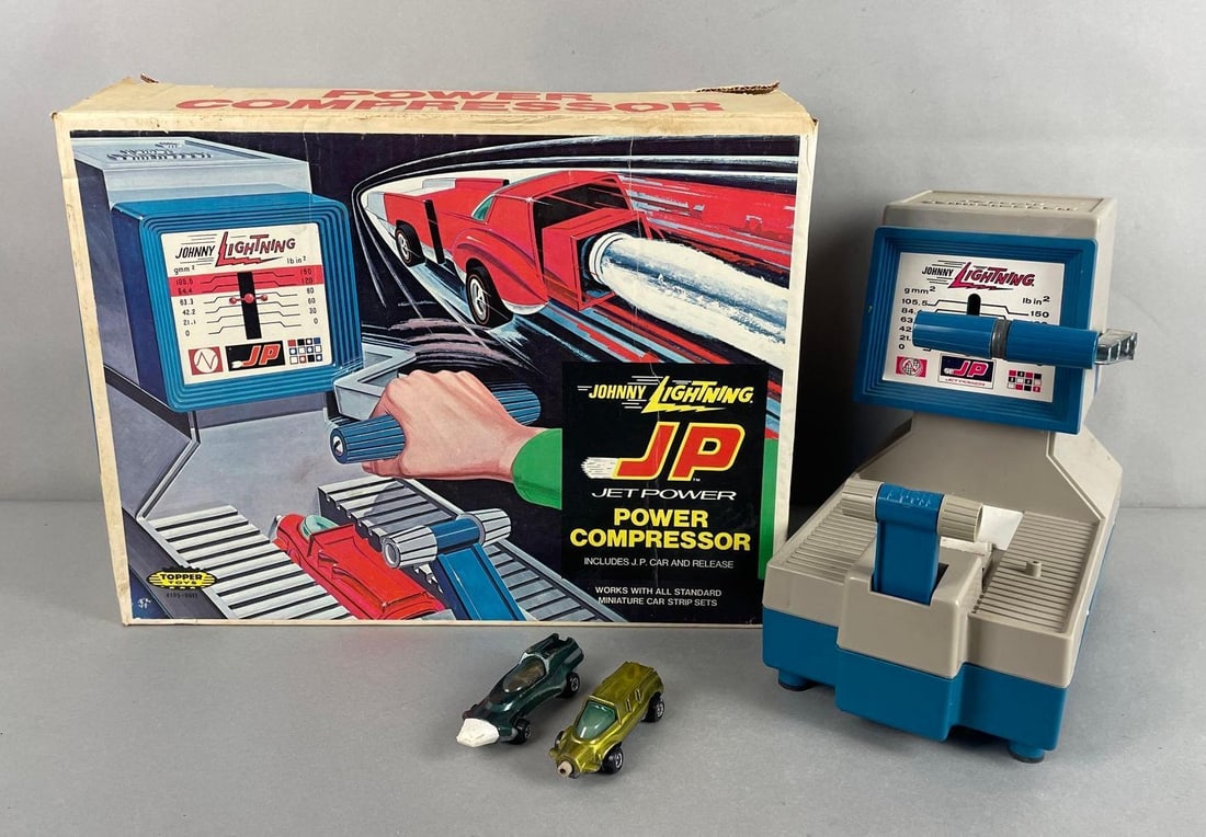 Vintage Topper Toys Johnny Lightning JP Power Compressor: Includes 2 cars, original box. Box measures 11 1/4 x 15 x 7 1/4 inches
