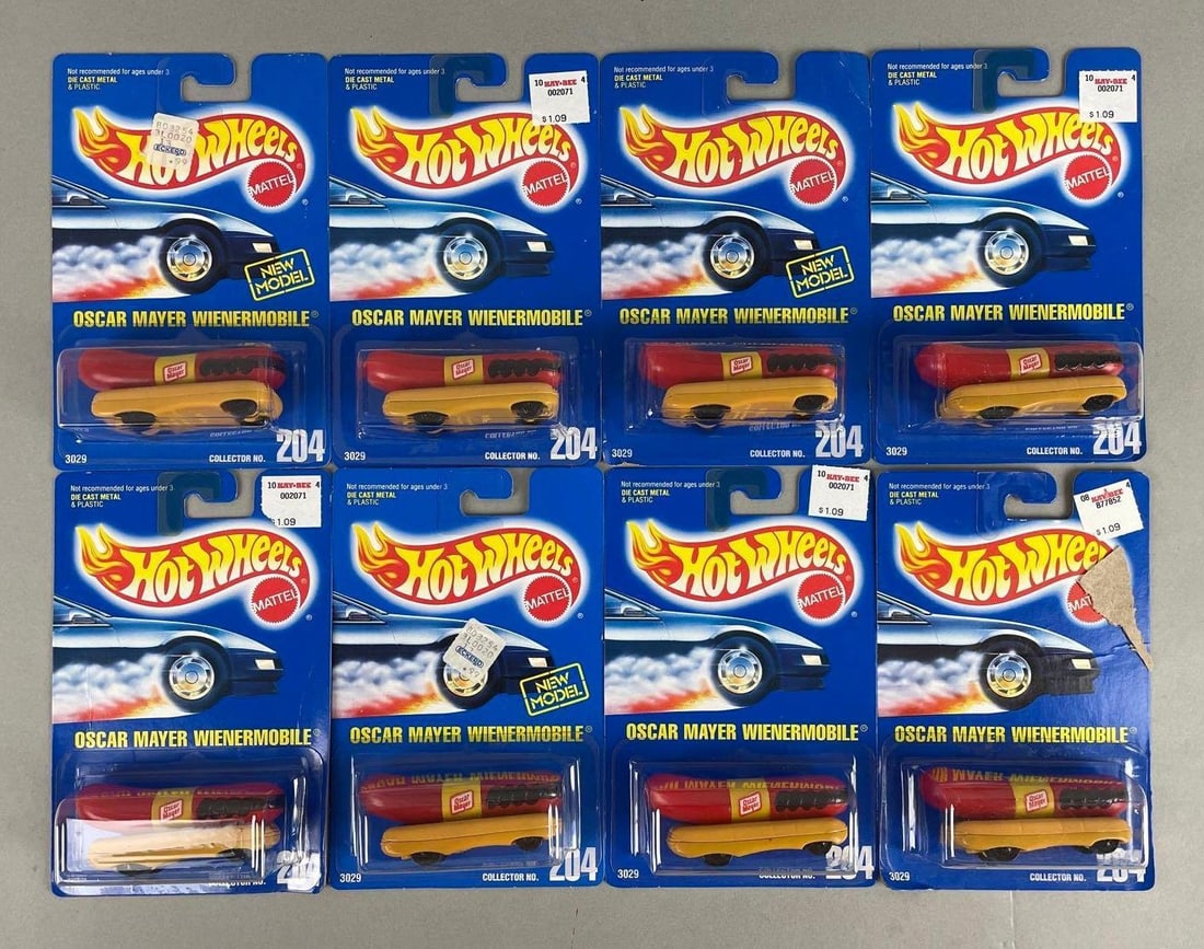 Group of 8 Mattel Hot Wheels Oscar Mayer Wienermobile Die-Cast Vehicles: Collector number 204, original packaging,1/64 scale
