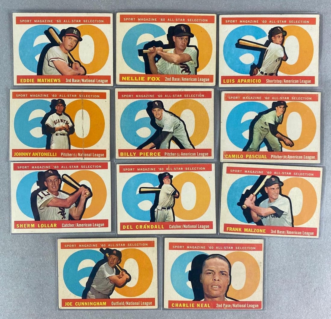 11 - 1960 Topps All-Star Cards with HOFs: Conditions vary VG - EX, Mathews, Fox, Aparicio, and more