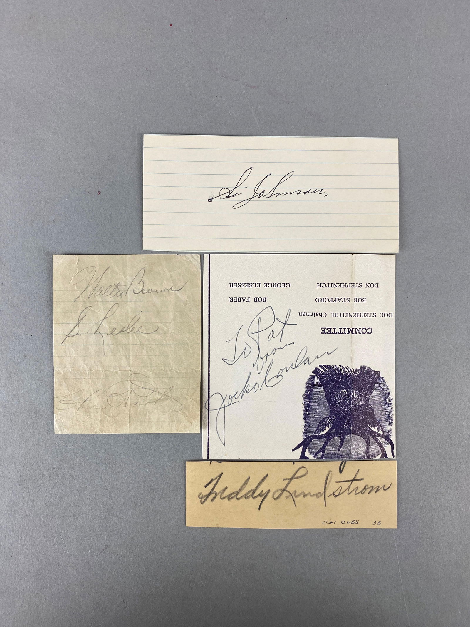 6 - 1930s Baseball Players Signed Cuts: 6 - 1930s Baseball Players Signed Cuts, Autographs of Jocko Conlan?HOF Umpire Chicago White Sox, Freddy Lindstrom and Charles Root Chicago Cubs, Si Johnson, Walter Brown and Sam Leslie.
