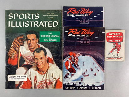 1957 - 58 Detroit Red wings Hockey Schedule by Strohs Beer + 2 - 1955 - 56 Programs and more: 1957 - 58 Detroit Red Wings schedule by Strohs Bohemian Beer, 2 - 1955 - 56 program vs?Bruins and Toronto, 1957 Sports Illustrated Gordie Howe