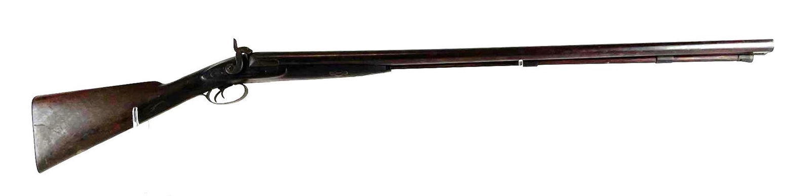 William Moore Cap and Ball Double Barrel Shotgun: SN - N/A. One hammer missing. 33 1/2 inch barrel