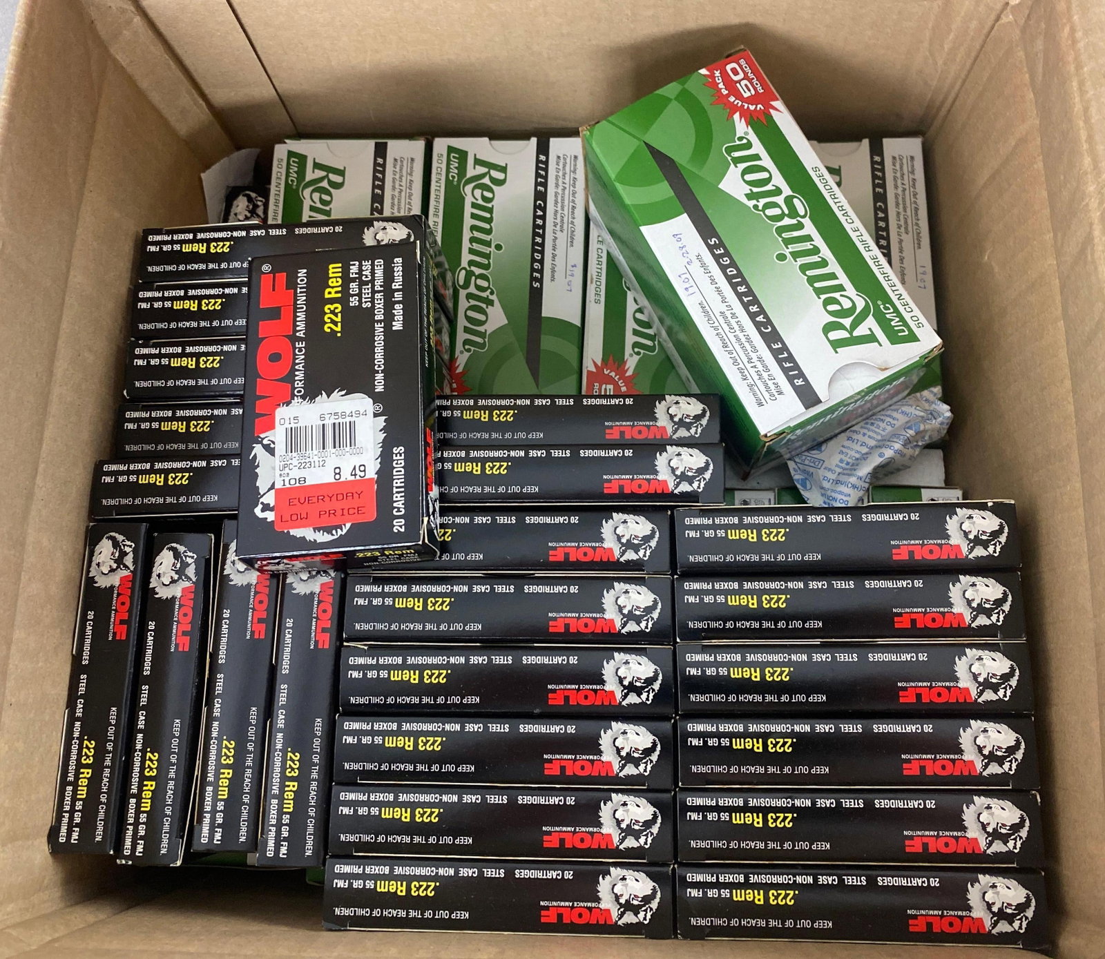 Carton w/ .223 Ammunition 440 Rounds Remington / 540 Rounds Wolf: Carton measures 8 1/2 x 12 x 12 inches.