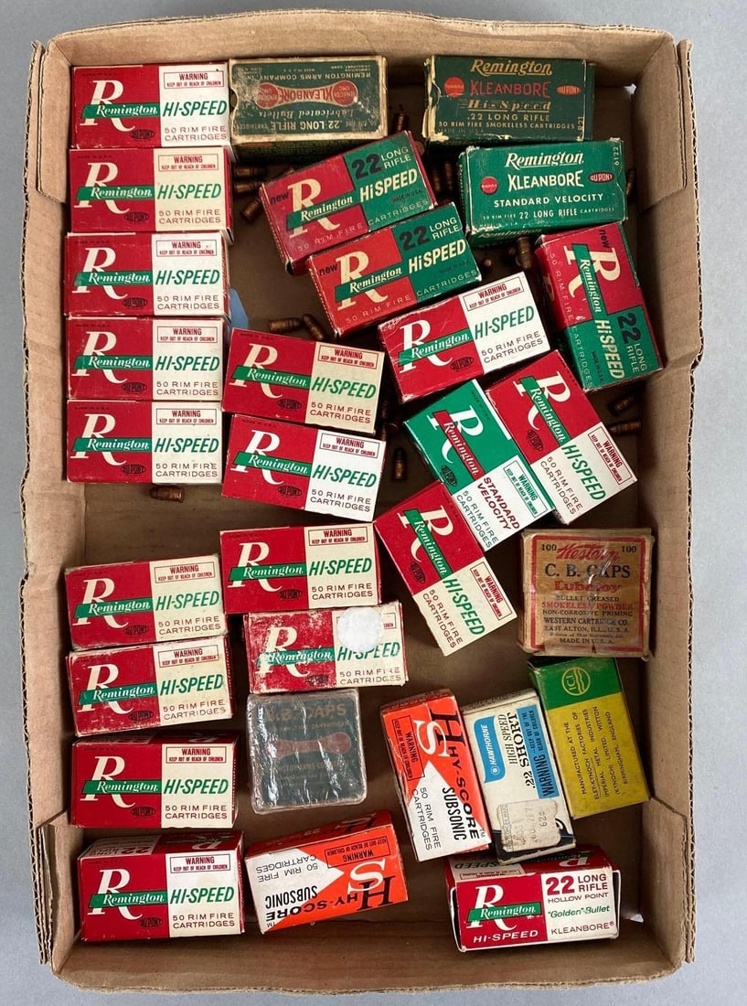 Group of 20+ Remington .22 Cal Boxes of Ammunition and More: Includes Remington .22 Long, Hawthorn .22 Short, Hy-Score 22 Cal Caps, and more, Most boxes full, Some empty boxes.