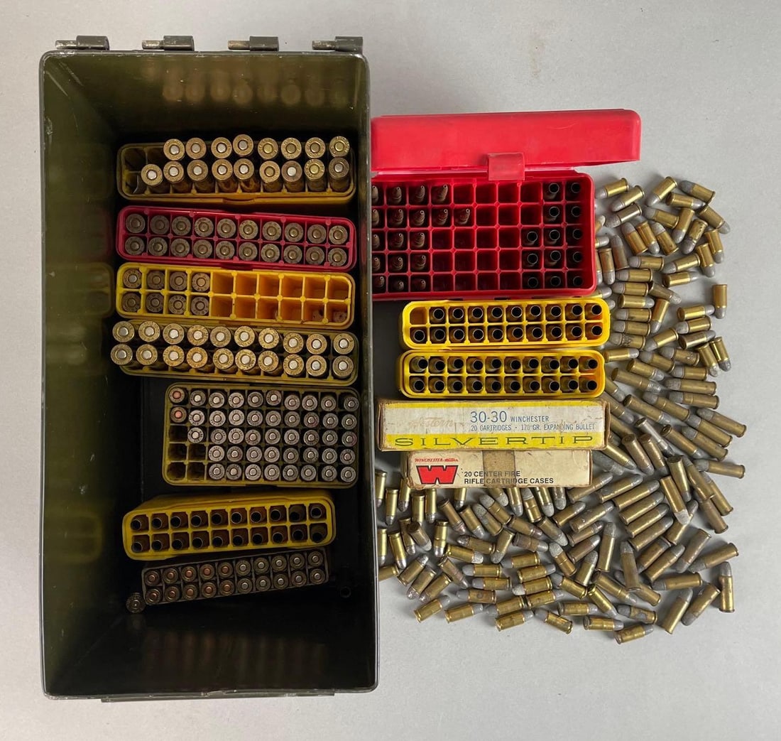 Large Group of Assorted Handgun and Rifle Ammunition and Casings: Some boxes empty. Includes .32 auto , Winchester 30-06 sprg, 222 rem casings. Ammo box measures 7 x 12 x 6 inches