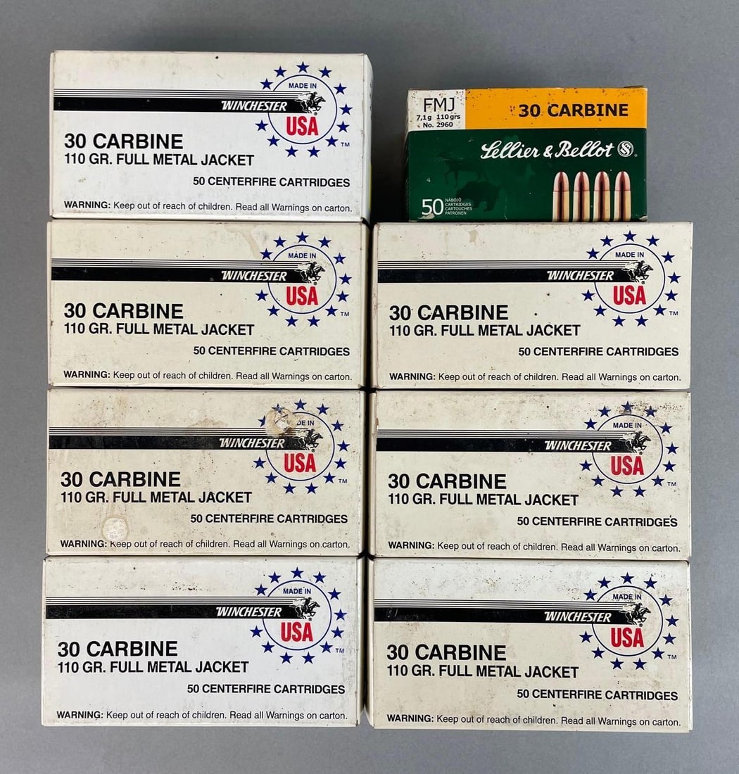 Group of 350+ Winchester 30 Carbine Full Metal Jacket Cartridges: Includes partial box of lellier and bellot cartridges