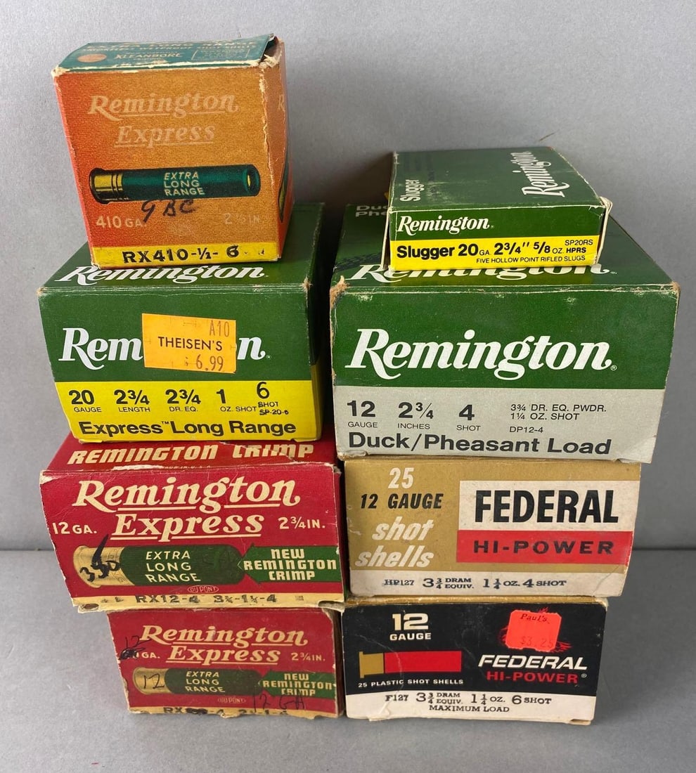 Vintage Group of Vintage Ammunition: Some Full and Partial Boxes, Includes boxes of 12 gauge and other. Total of 8 boxes. The Remington Express 410 gauge box is empty. Remington and Federal brands. Boxes mixed condition. Largest Remingto