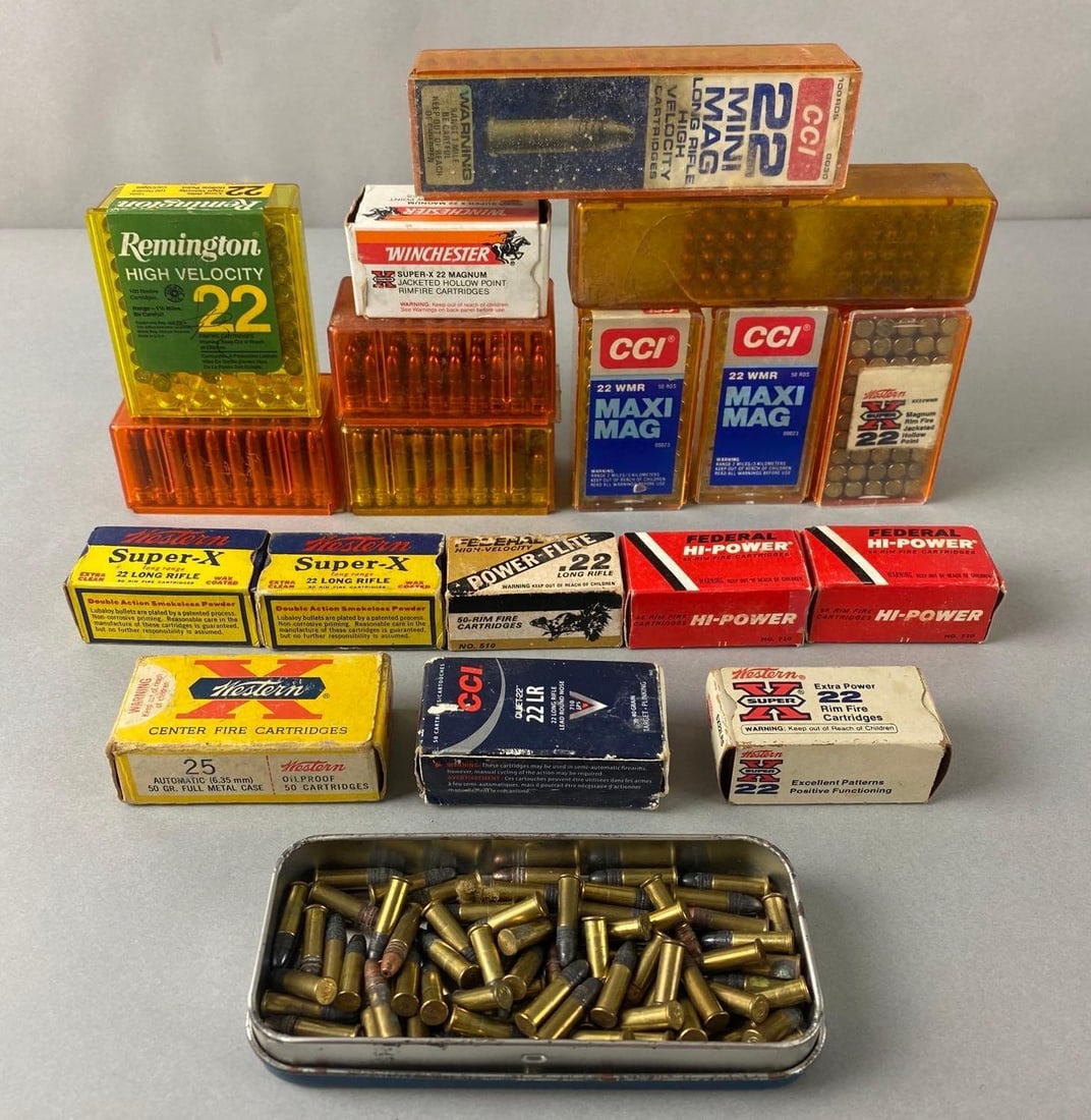 Vintage Group of .22 Ammunition in Full and Partial Boxes: Includes 18 boxes and tin with extra. Includes Remington, Western Federal and CCI. Largest box measures 6 x 1 3/4 x 1 1/4 inches.