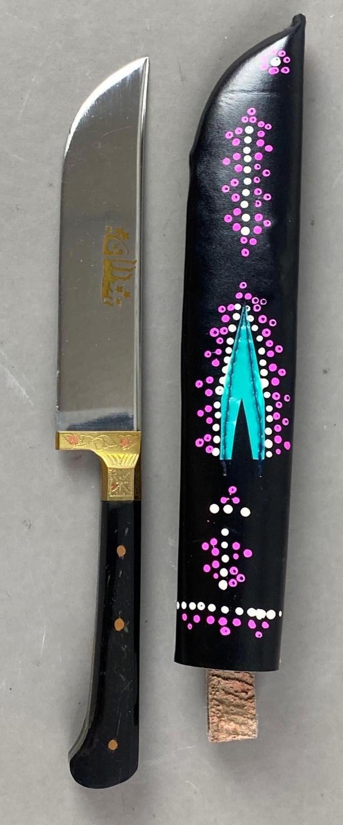 GW Knife with Painted Leather Sheath: Blade marked GW. Blade length measures 5 inches long, total length measures 9 inches long