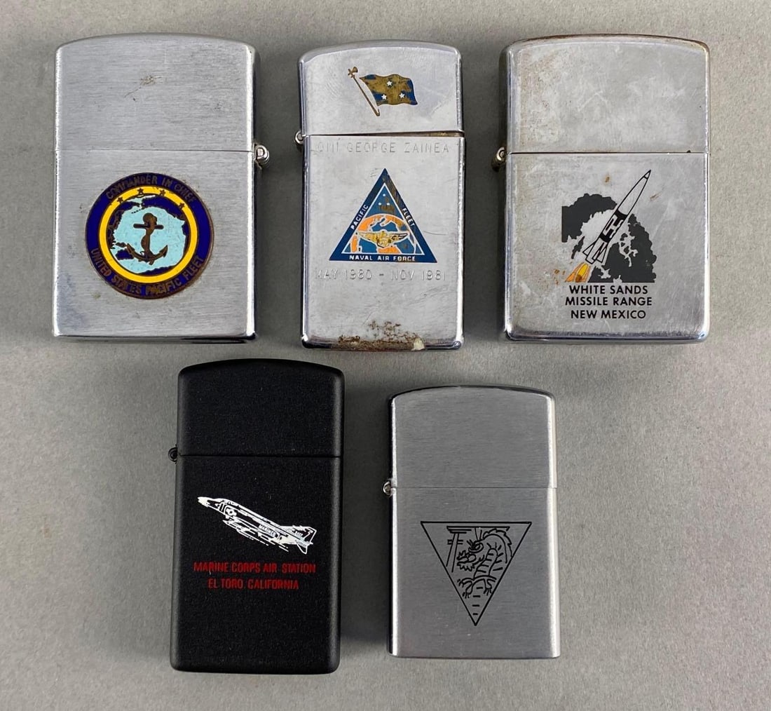 Group of 5 US Military Lighters: Includes 3 Zippos, Firefly, Konwal Baby, 2 Presented by Admirals, Includes White Sandw Missile Range New Mexico, Marine Corps Air Station El Toro California, US Pacific Fleet, and more, Largest measur