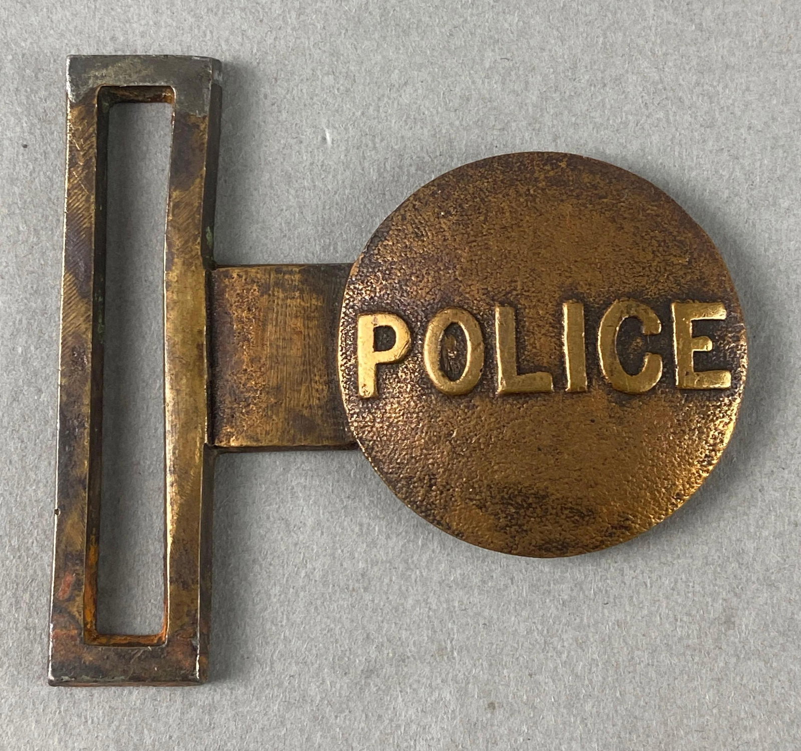 Vintage 1855-1875 Brass Police Belt Buckle: Measures 2 x 2 1/4 inches.