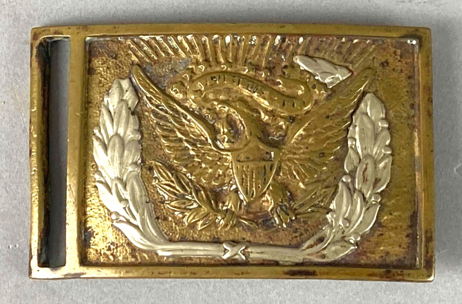 Original Civil War NCO Belt Buckle: Slight wear. Measures 2 x 3 1/2 inches.