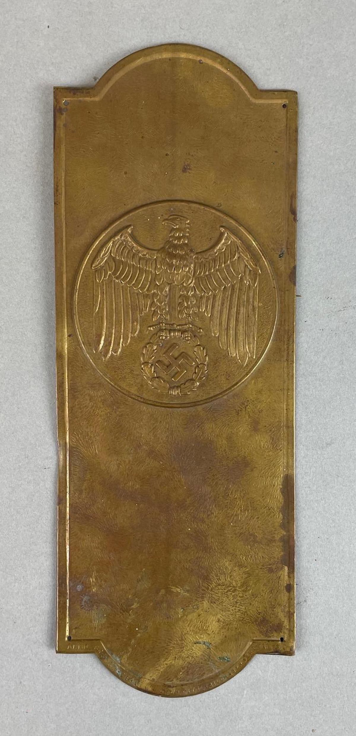 WW2 German Embossed Brass Door Plate: Measures 10 x 3 3/4 inches