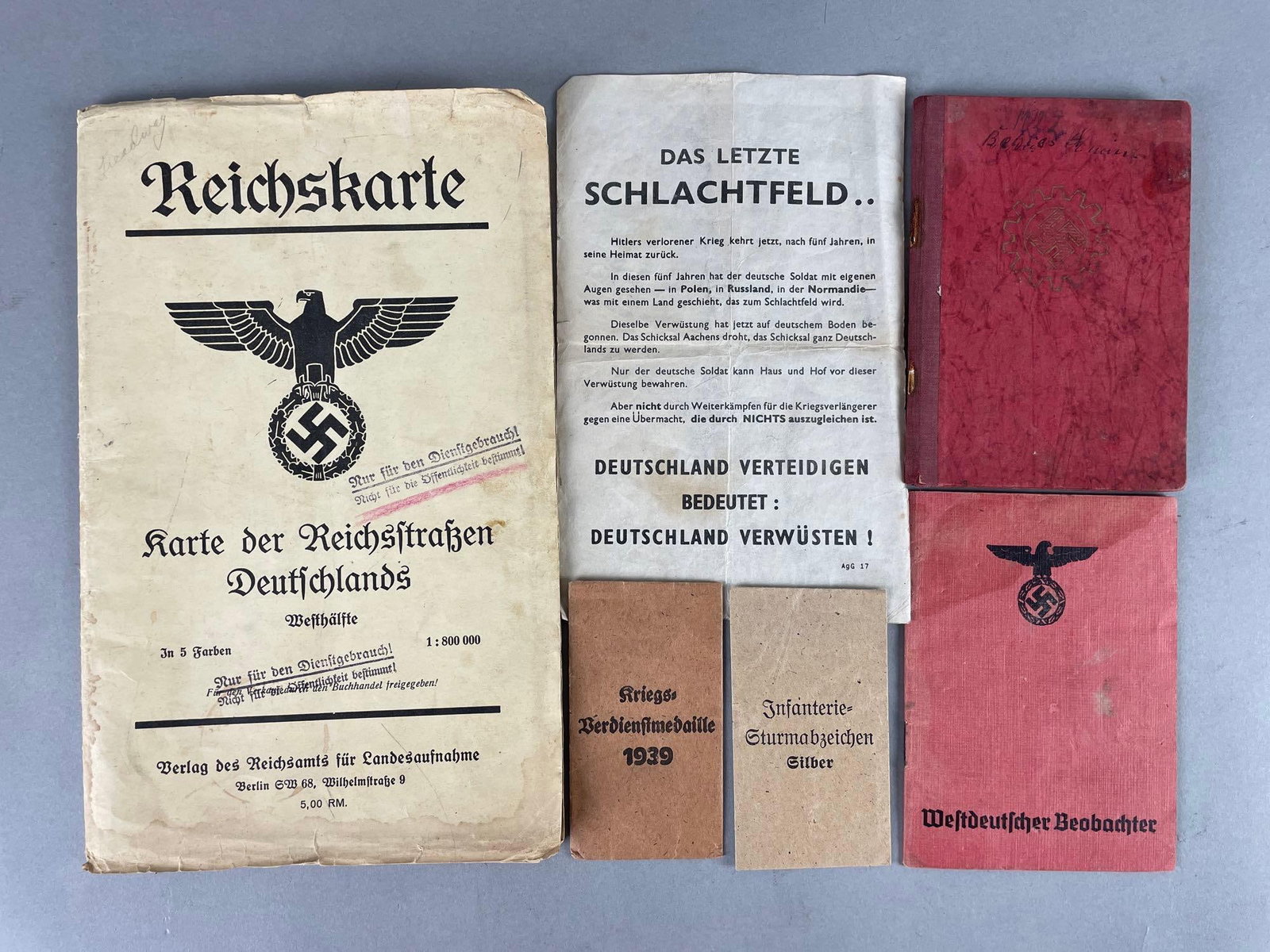 Group of 6 WW2 German 3rd Reich Ephemera: Includes map, not fully unfolded in pic. Measures 54 1/2 x 32 1/2 inches