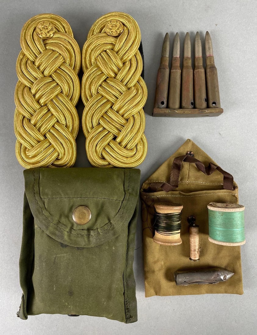 Group of 4 Vintage U.S. Military Items: Includes dress Officer boards, first aid bandages, sewing kit, training ammo. Boards measure 5 1/2 x 2 inches