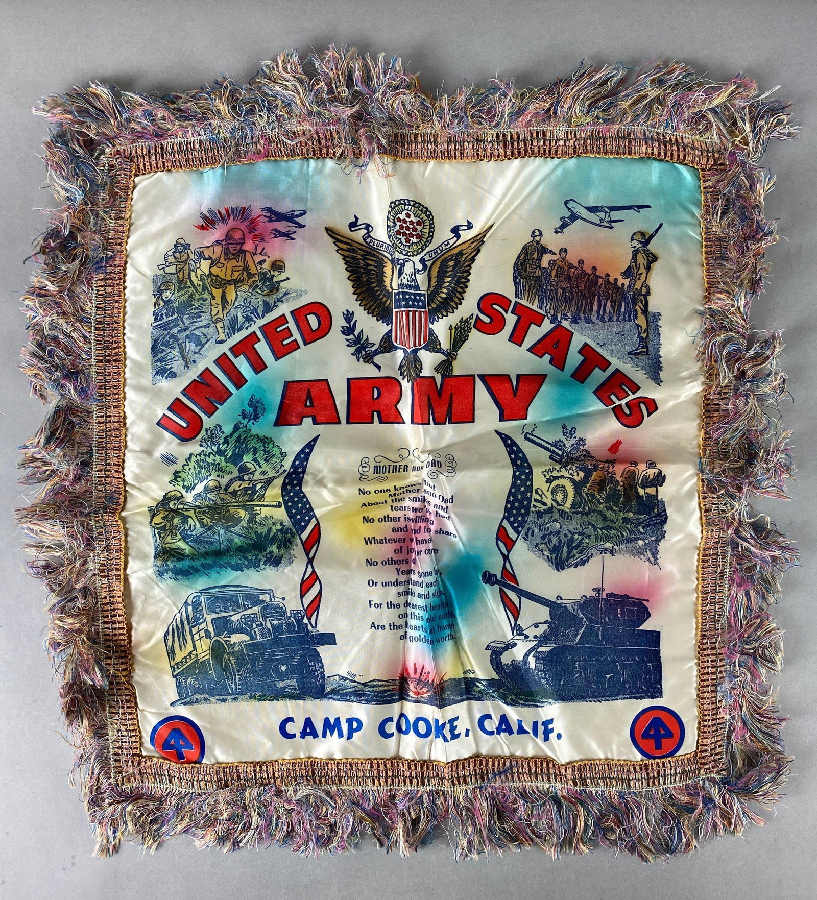 US Army Pillow Sham Camp Cooke California: Folded condition. Item measures 21 x 21 inches.