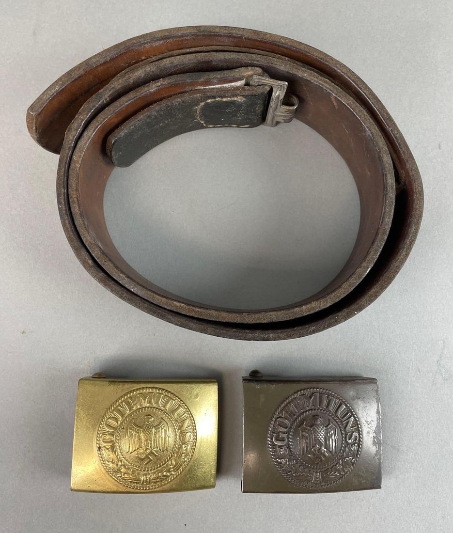 Group of 2 WW2 German Reich Imperial Belt Buckles with Belt: one marked B&N-43 on one. Belt measures 37 inches