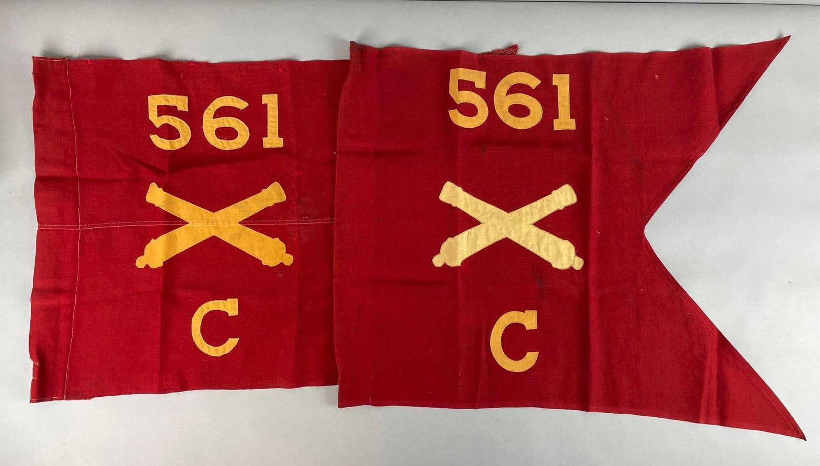 Group of 2 Vintage 561st F.A. Bn. Battery C Guidon Flags: Both with small holes. Larger measures 21 x 27 inches
