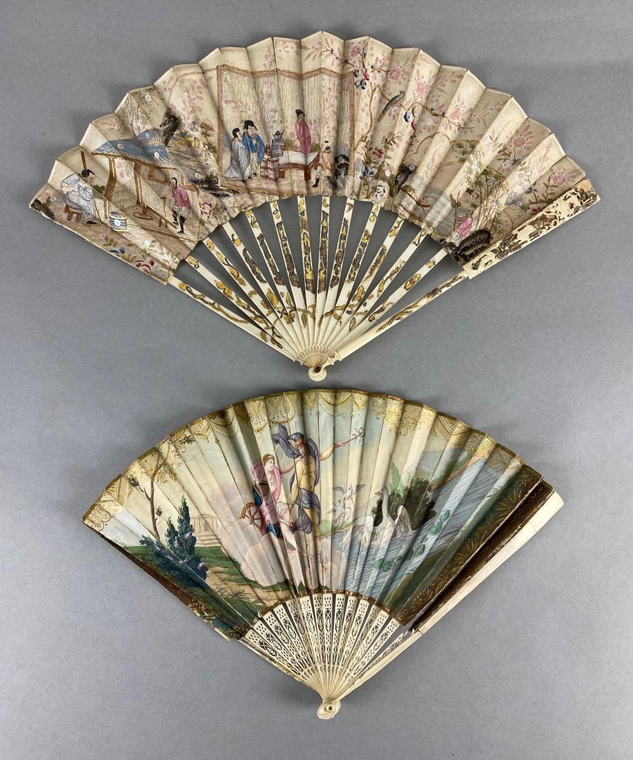 Group of 2 18th Century Hand-Painted Fans: Includes Asian Tea House scene, and Grecian Messenger scene, Some tears in paper and breaks in structure, Largest measures 11 x 17 3/4 inches opened.