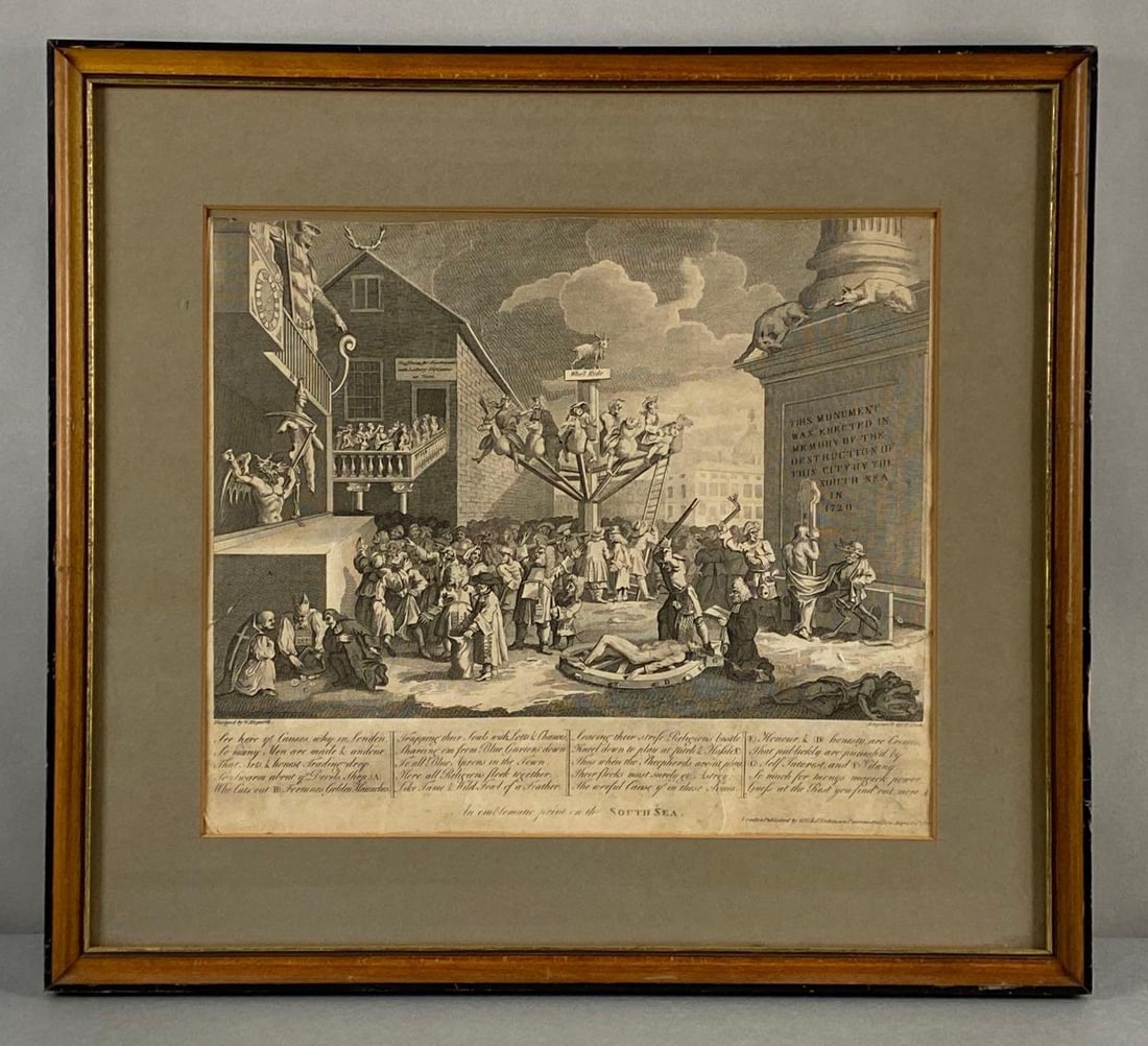 William Hogarth South Sea Scheme Lithograph Print: Some small creases and tears, Frame measures 15 1/2 x 17 1/4 inches, Print measures 11 x 12 1/2 inches.