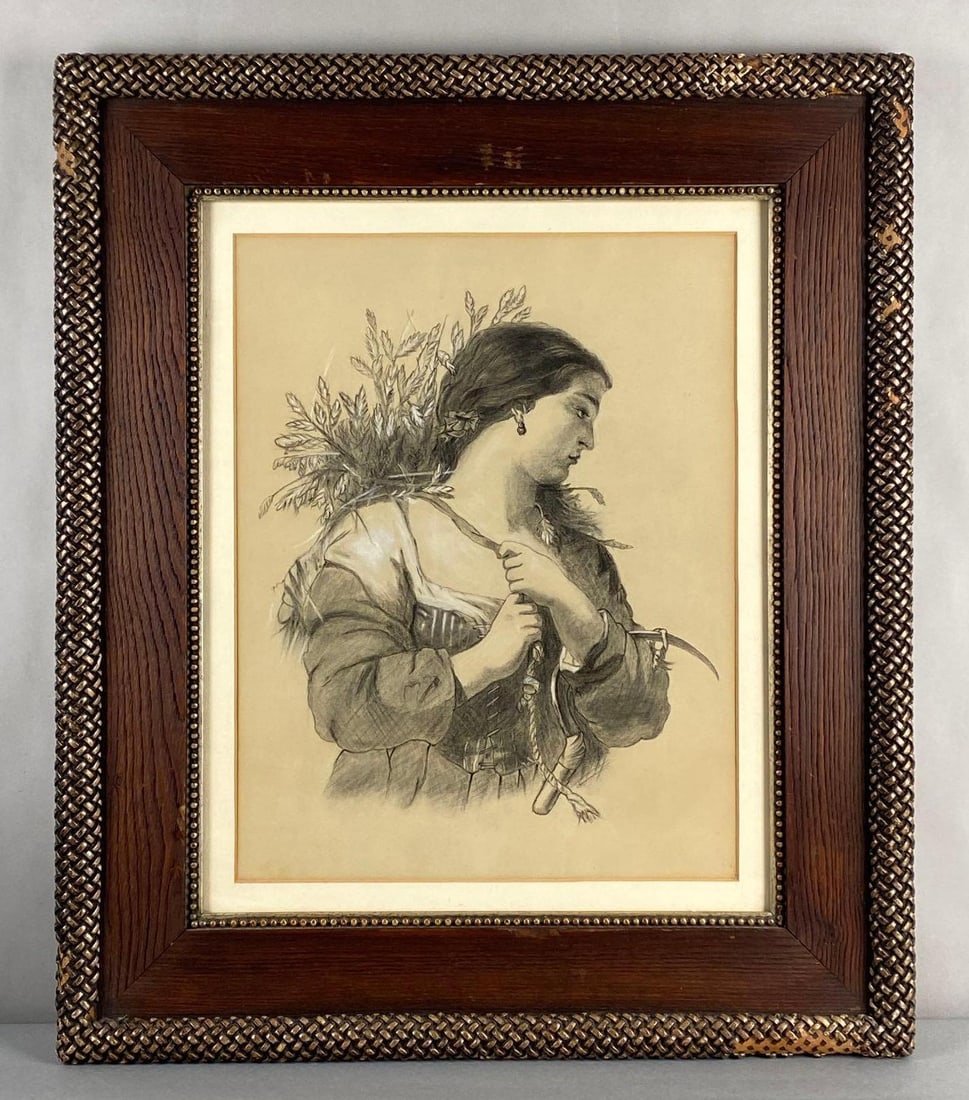 Woman Carrying Bundle Charcoal Drawing on Paper: Unknown artist, Frame missing some pieces along bottom right corner, Frame measures 27 1/2 x 23 1/2 inches, Drawing measures 18 1/2 x 14 inches.