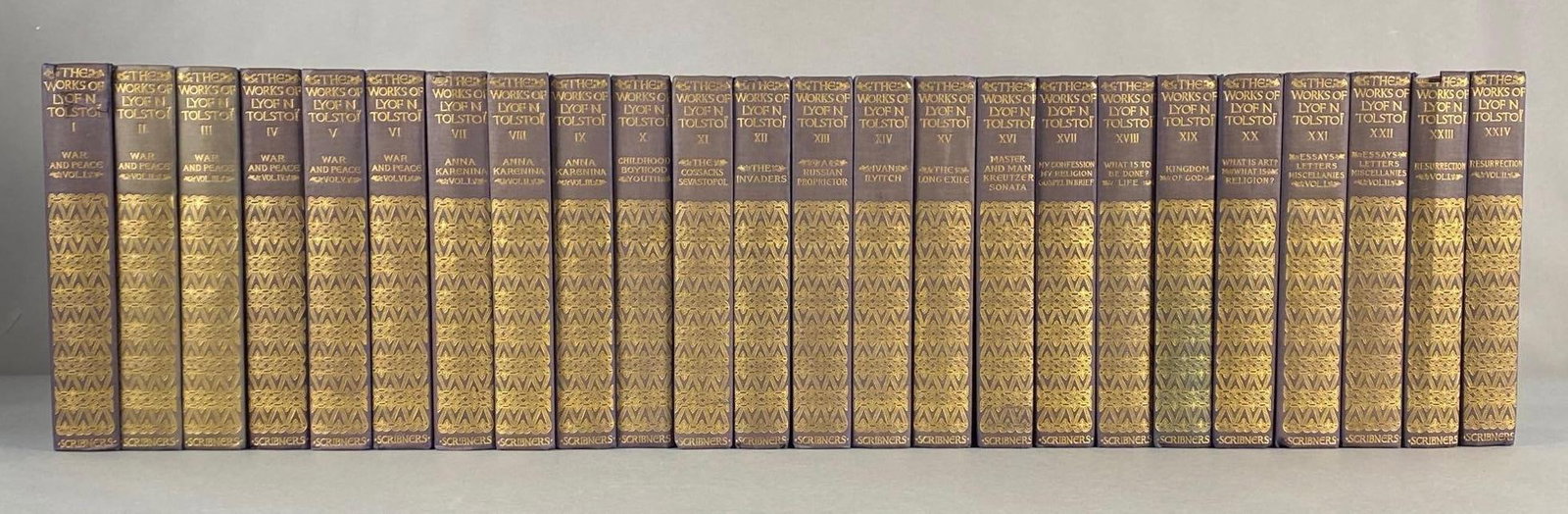 1904 The Works of Lyof N Tolstoi Volumes 1-24: Publisher - Charles Scribners Sons, Includes War and Peace, What is to be Done, The Long Exile, and more, All measure 8 1/2 x 5 3/4 inches.