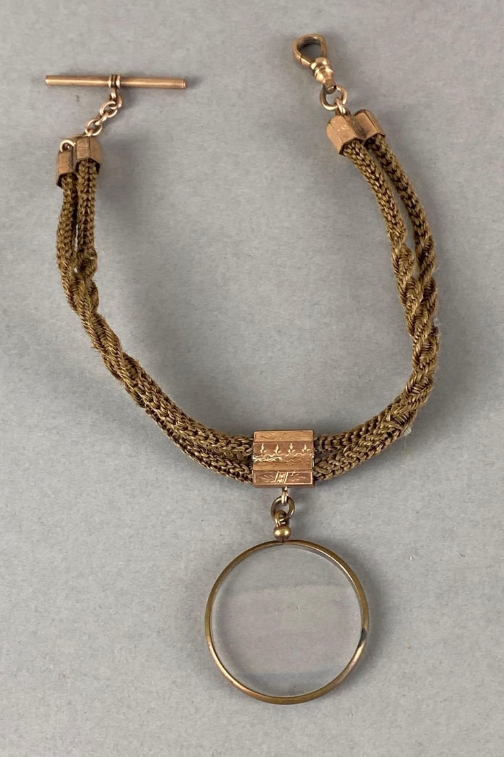 Victorian Hair Chain Watch Fob with Glass Lens: Measures 11 inches long, Glass measures 1 1/2 inches acros.