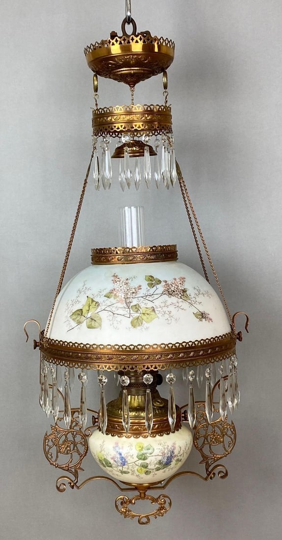 Victorian Electrified Brass Hanging Lamp with Painted Milk Glass Shade (1 of 6)