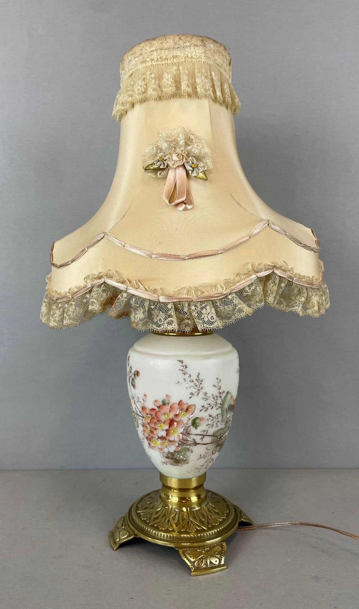 Victorian Style Floral Painted Milk Glass Table Lamp with Shade (1 of 6)
