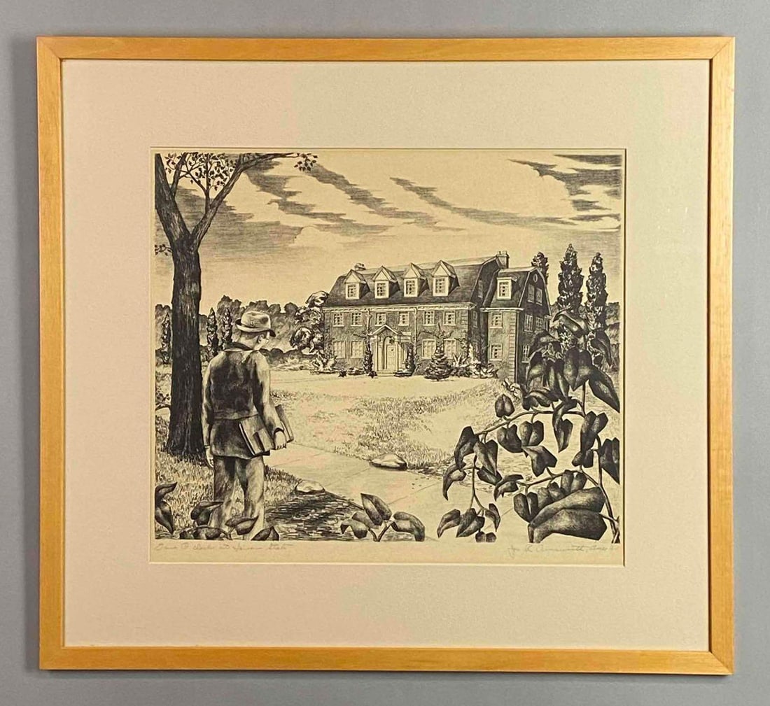 1940 Four O Clock at Iowa State Sketch Art Drawing: Jos E. Ainsworth, Artist signature on bottom right corner, Frame measures 22 1/4 x 24 1/2in, Drawing measures 15 x 17in.
