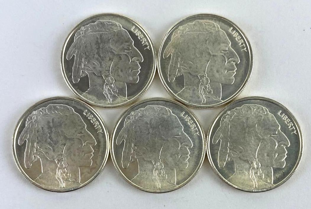 Group of (5) Buffalo Design 1/10thoz. .999 Fine Silver Rounds: Group of (5) Buffalo Design 1/10thoz. .999 Fine Silver Rounds