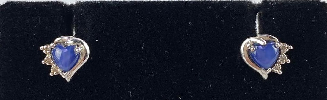 Pair of 10K White Gold Sapphire and Diamond Heart Earrings (1 of 5)