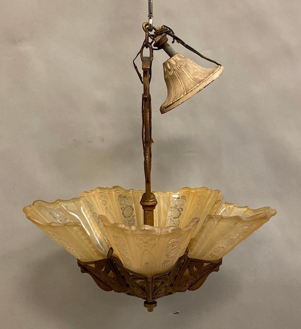 Art Deco Style Lightolier 5 Light Chandalier: Electrified, 5 original slip glass shades, measures 24 x 11 x 11 inches