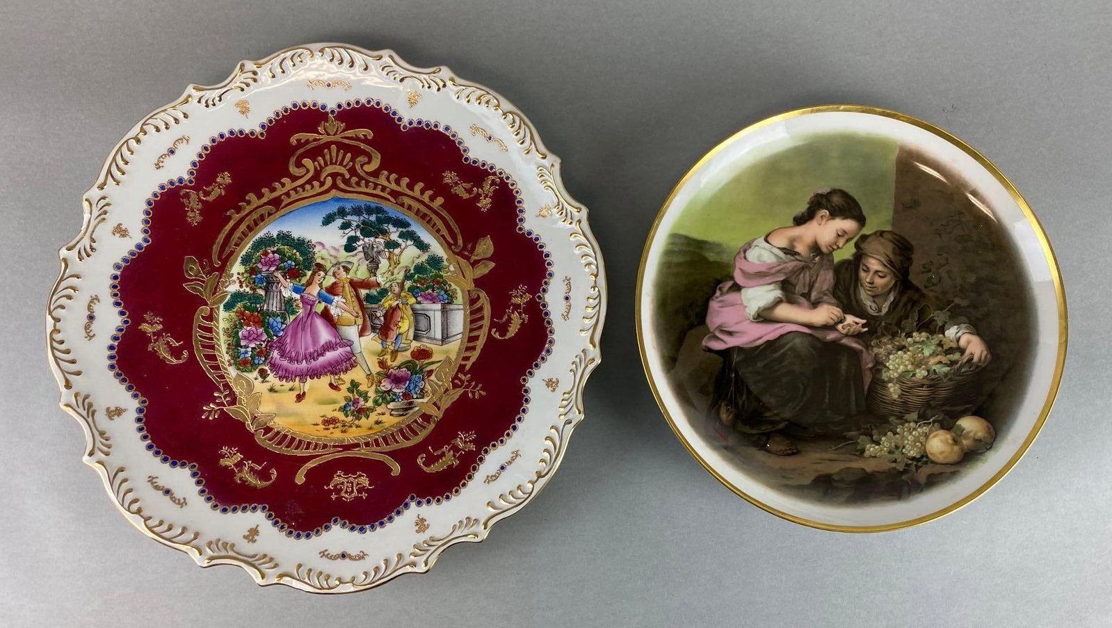 Group of 2 Porcelain Limoges Charger and Porcelain Hutschenreuther Charger: Largest charger has 2 small chips, 1 repaired, measures 16 1/4 x 16 1/4