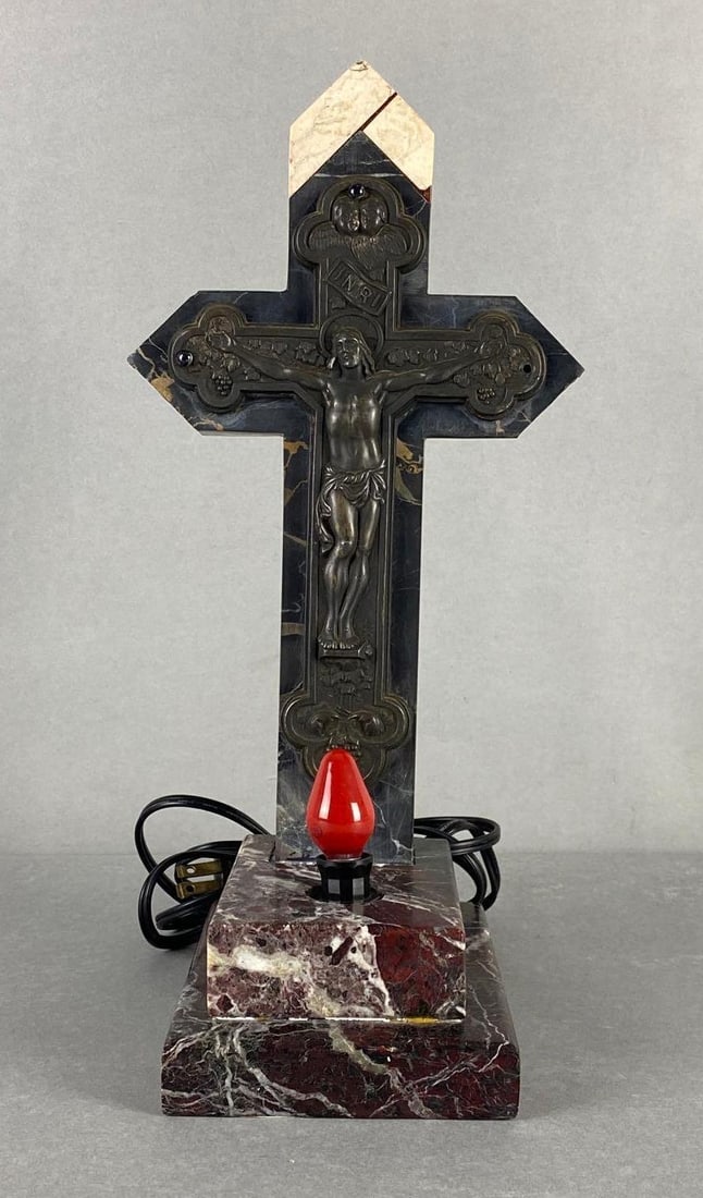 Metal Crucifix On Marble Base With Light: Electric, light works, some chipping throughout marble, 13 1/2 x 6 1/2 x 6 1/4
