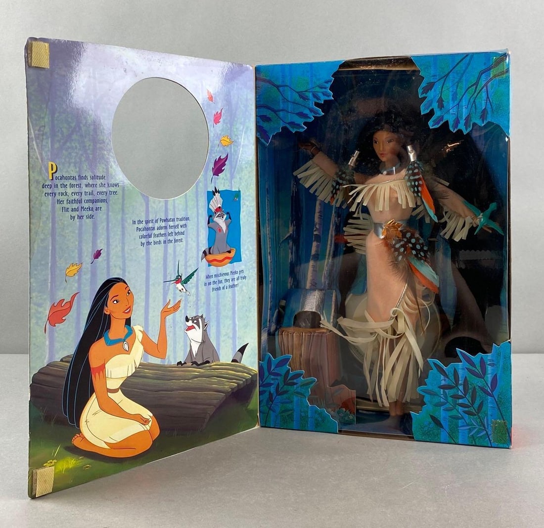 Mattel Special Edition Disney Pocahontas Feathers in The Wind Fashion Doll: 1996, original box. 11 1/2 inches tall. Velcro to hold front door closed is gone.
