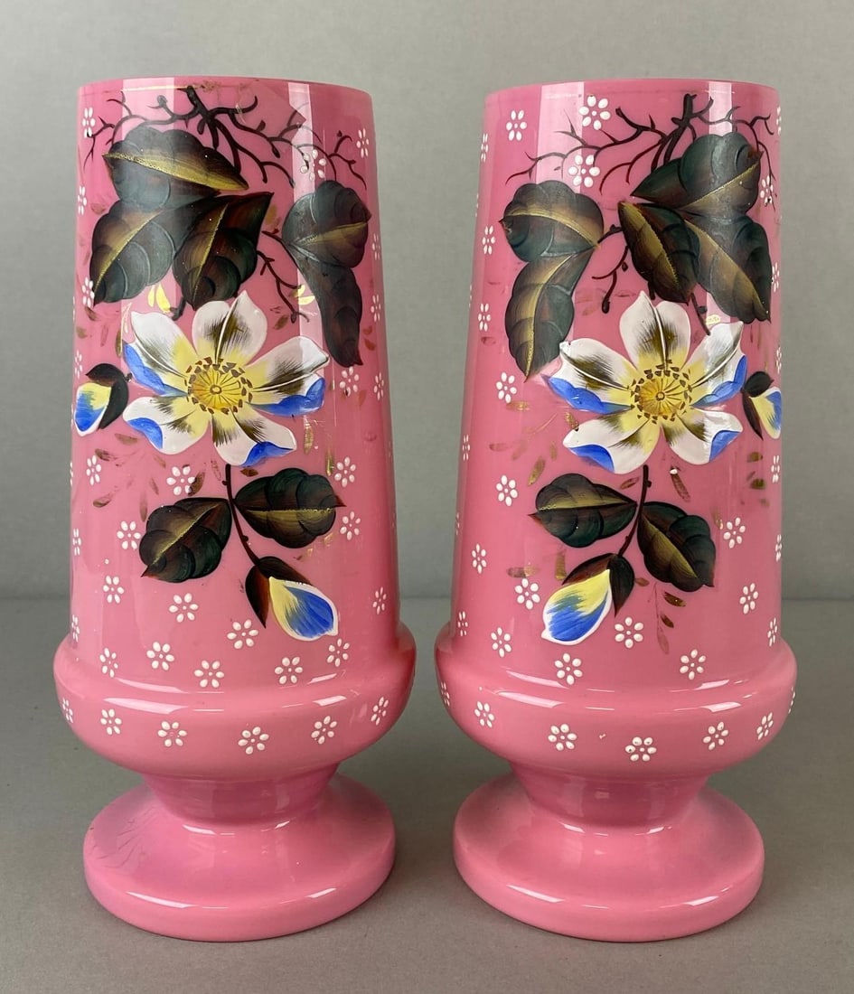 Antique Pair of Hand-Painted Pink to White Cased Bristol Glass Vases (1 of 6)