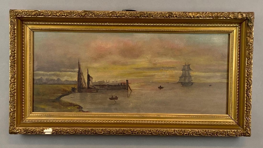 C 1900 Ships by the Dock Oil Painting on Board (1 of 3)