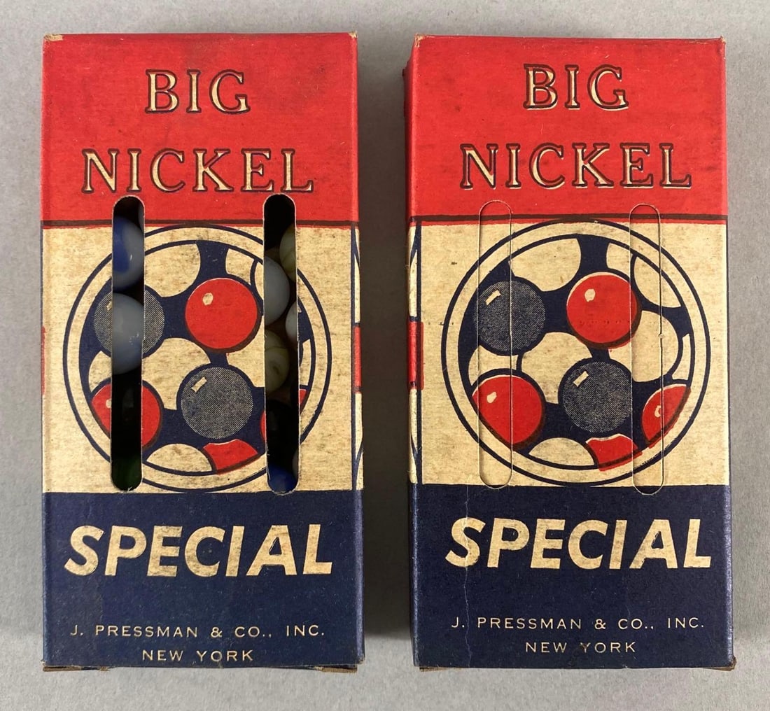 Group of 2 J. Pressman and Co Big Nickel Special Marble Packs: Unknown set completions, Boxes measure 5 x 2 1/2 x 1 inches.