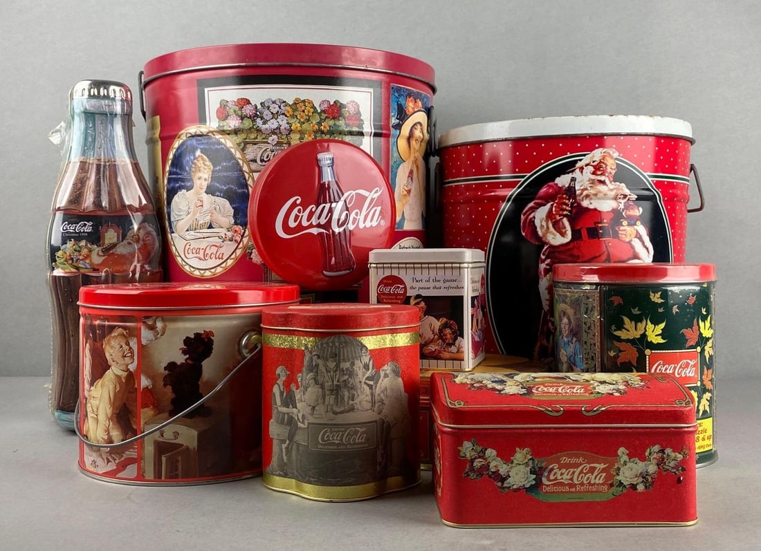 Group of 10 Coca-Cola Advertising Tins: Largest measures 14 x 12 inches